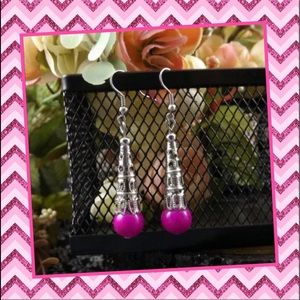 💕NEW Chic FUCHSIA PINK Bead &Silver Earr